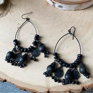 Gothic, Tribal Black Enameled, Filgree & Beaded Hook Wire Hoop Earrings